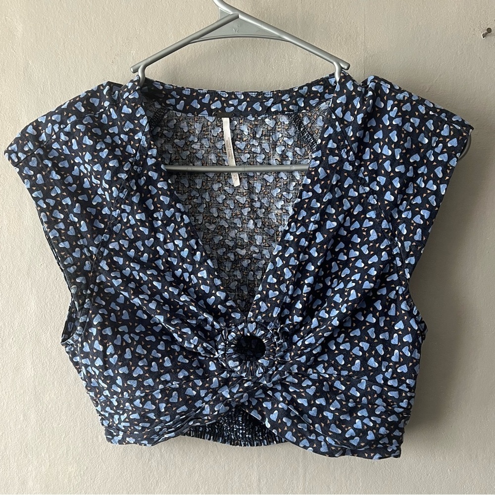 Free People Blue Havana Honey V-Neck Woven Crop Top Size XS